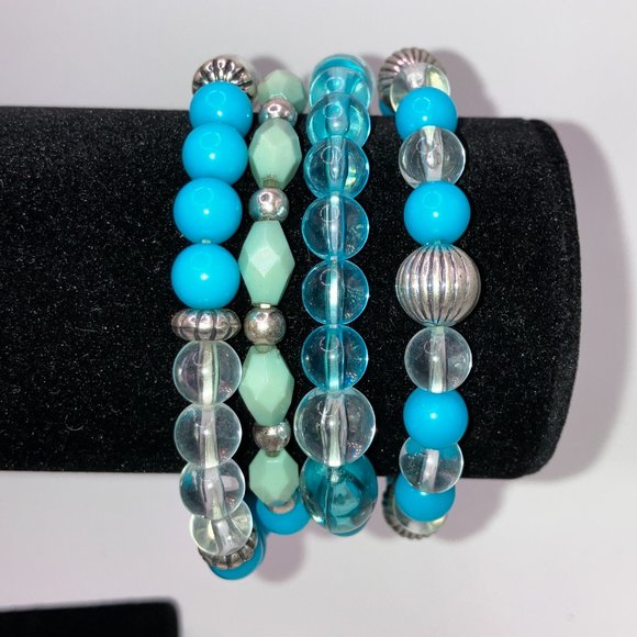 Turquoise Colored, Silver-Tone, Clear Beaded 4-Strand Bracelet! - Picture 5 of 8